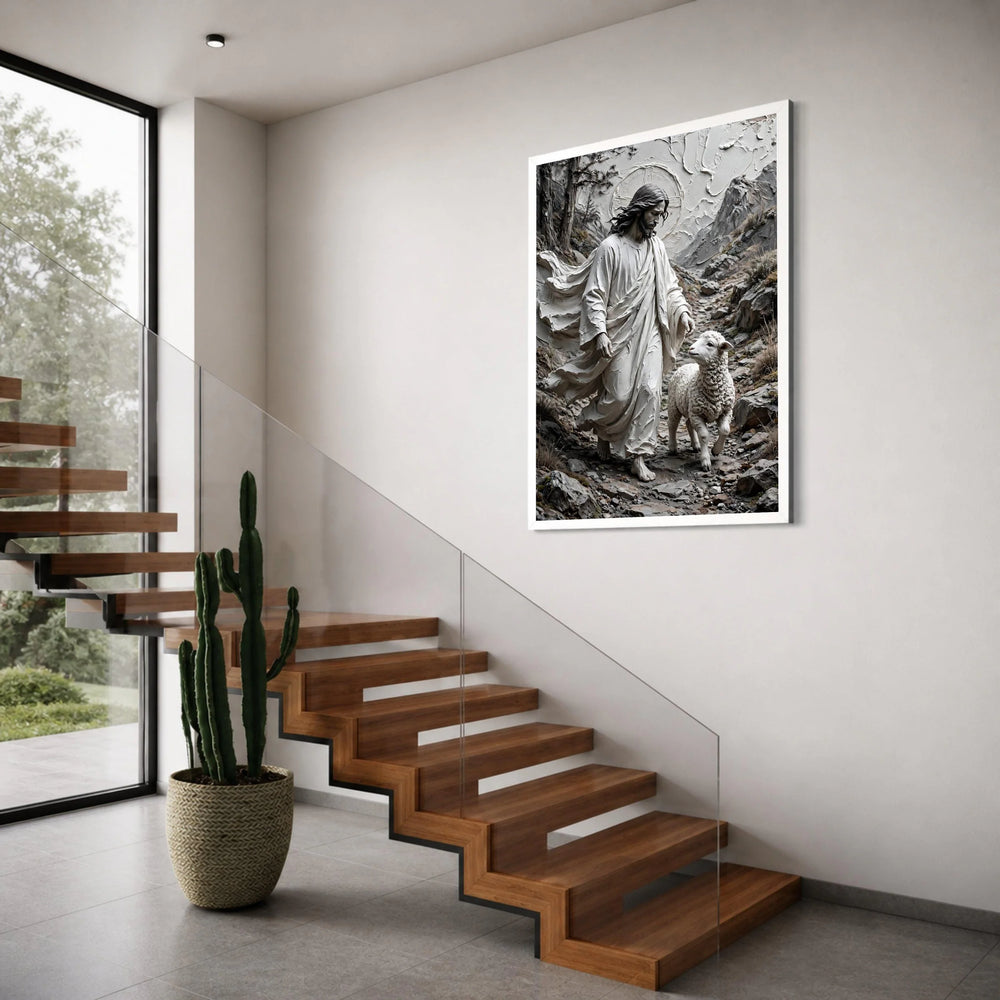Jesus the Good Shepherd Canvas Wall Art, Religious Lamb Painting, Christian Spiritual Decor, Biblical Landscape Canvas, Home Print Art