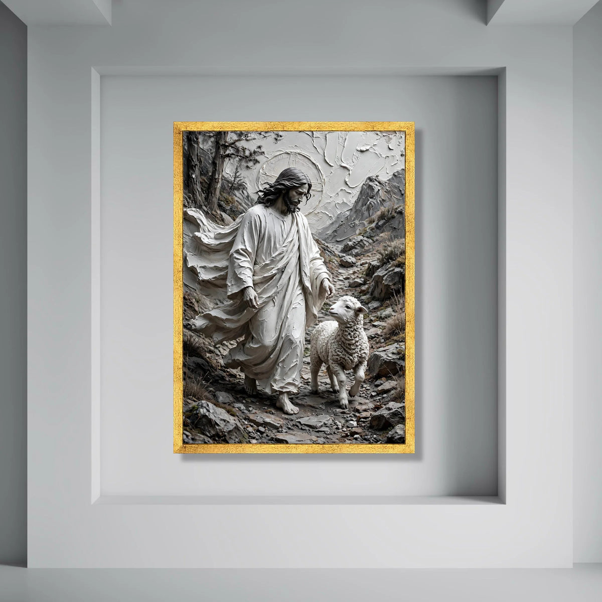 Jesus the Good Shepherd Canvas Wall Art, Religious Lamb Painting, Christian Spiritual Decor, Biblical Landscape Canvas, Home Print Art