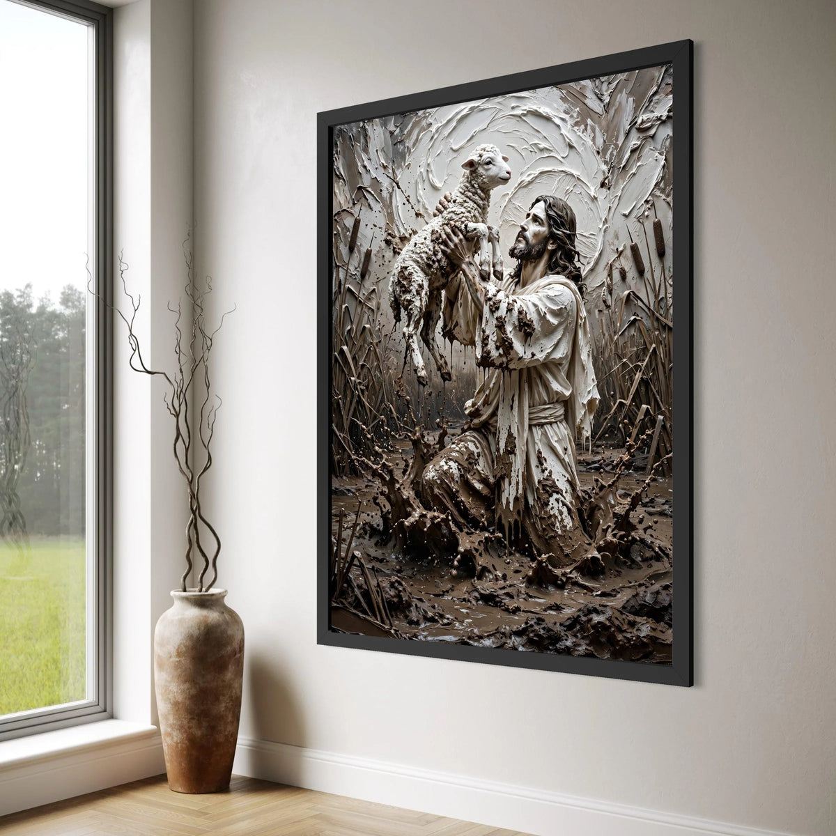 Spiritual Shepherd Holding Lamb Canvas, Inspirational Religious Wall Art, Faith and Hope Decoration, Christian Home Canvas Print Print Art