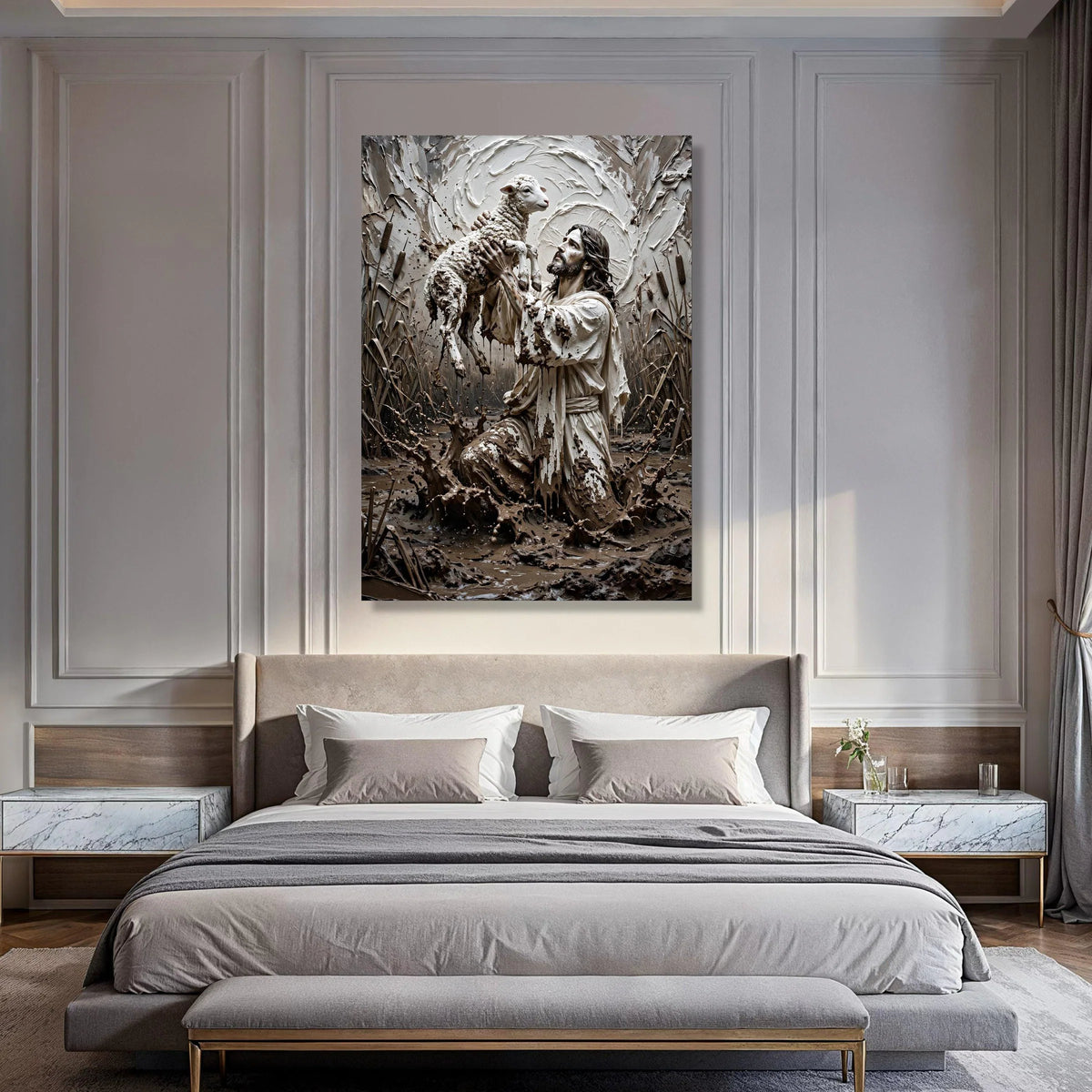 Spiritual Shepherd Holding Lamb Canvas, Inspirational Religious Wall Art, Faith and Hope Decoration, Christian Home Canvas Print Print Art