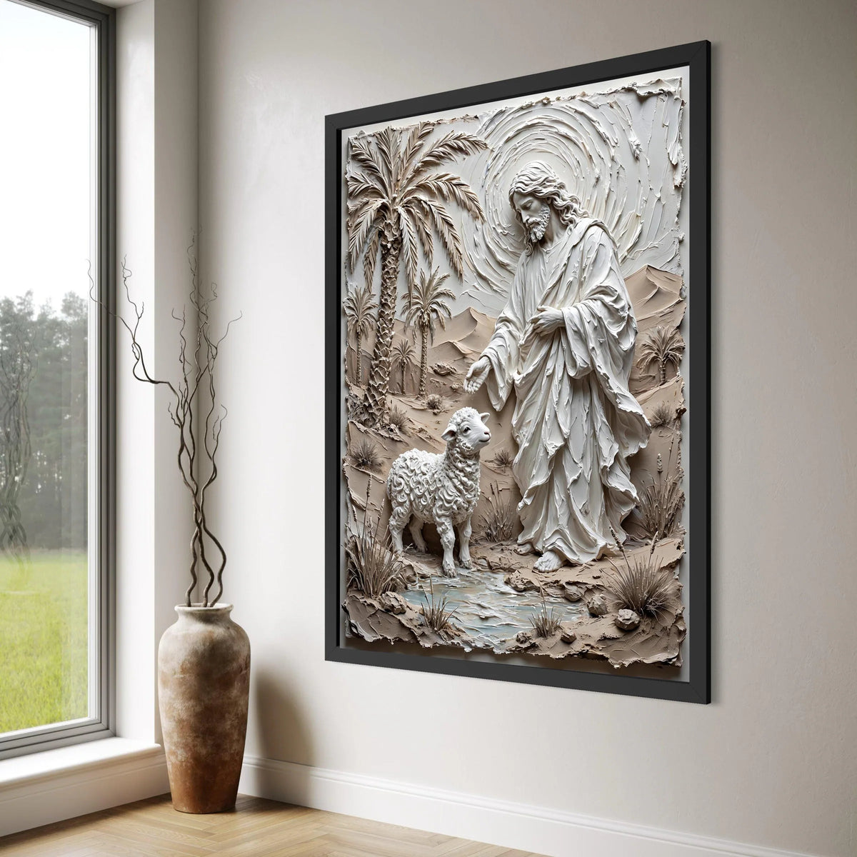 Jesus with Lamb Canvas Wall Art, Christian Religious Decor, Faith and Peace Artwork, Spiritual Canvas Painting, Wall Hanging for Print Art