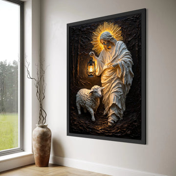 Jesus with Lantern and Lamb Canvas Wall Art, Spiritual Religious Decor, Christian Home Decoration, Illuminated Shepherd Painting Print Art