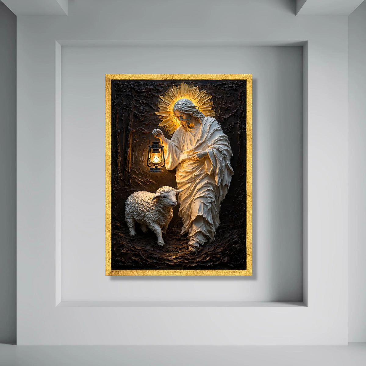 Jesus with Lantern and Lamb Canvas Wall Art, Spiritual Religious Decor, Christian Home Decoration, Illuminated Shepherd Painting Print Art