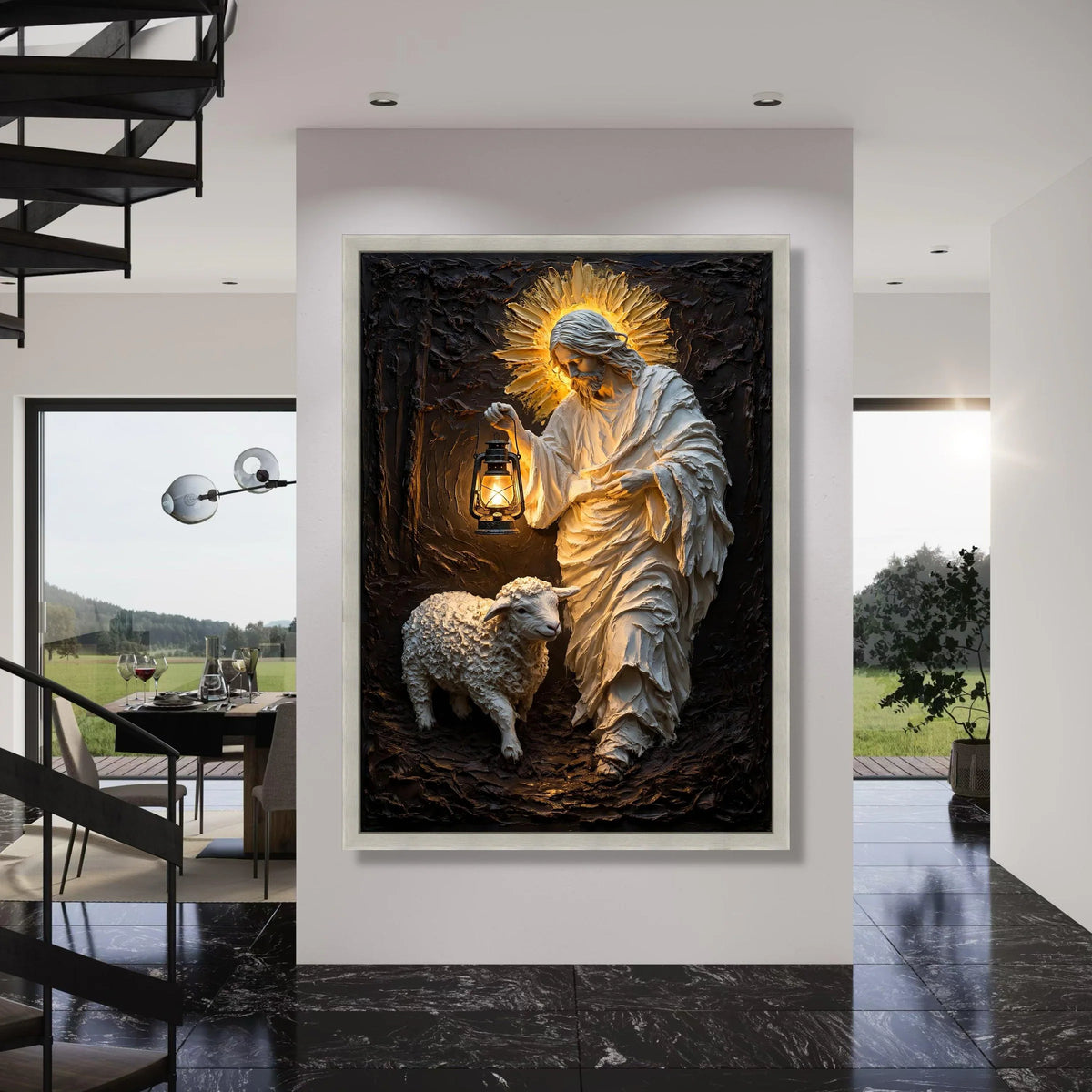 Jesus with Lantern and Lamb Canvas Wall Art, Spiritual Religious Decor, Christian Home Decoration, Illuminated Shepherd Painting Print Art