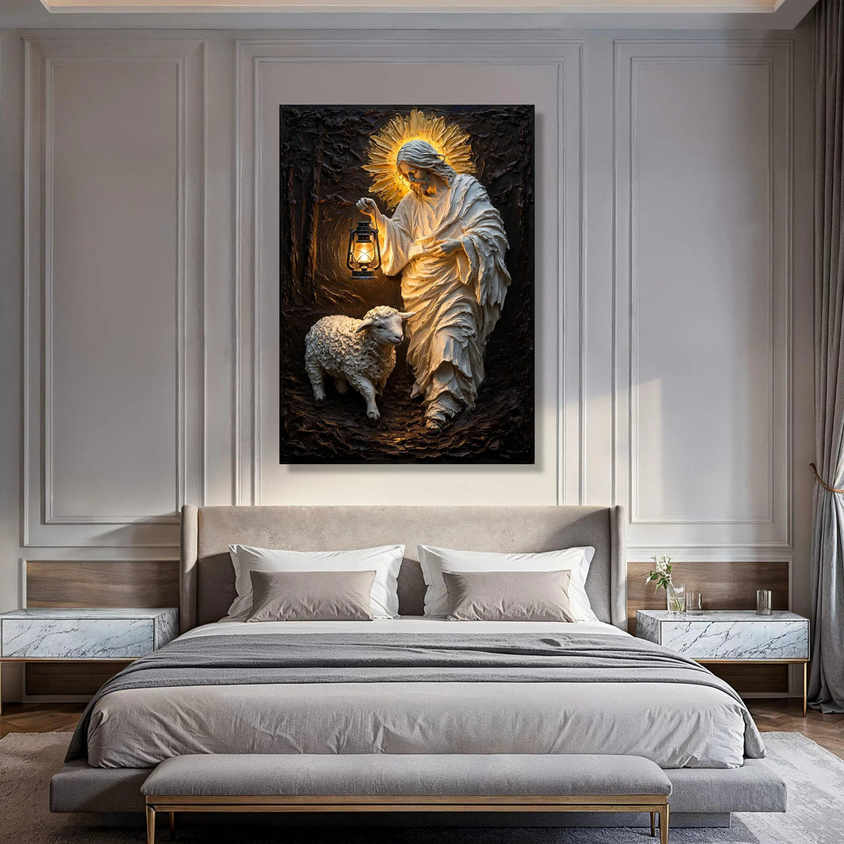 Jesus with Lantern and Lamb Canvas Wall Art, Spiritual Religious Decor, Christian Home Decoration, Illuminated Shepherd Painting Print Art