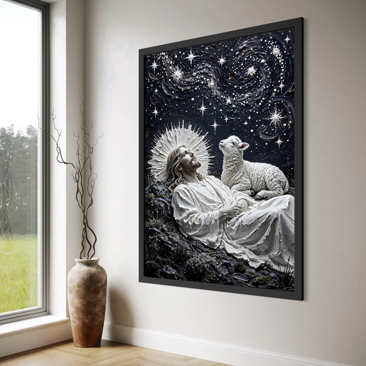 Celestial Night with Jesus and Lamb, Spiritual Canvas Wall Art, Starry Sky Religious Decor, Divine Serenity Painting, Ready to Print Art
