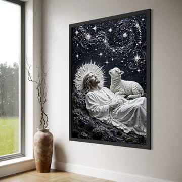 Celestial Night with Jesus and Lamb, Spiritual Canvas Wall Art, Starry Sky Religious Decor, Divine Serenity Painting, Ready to Print Art