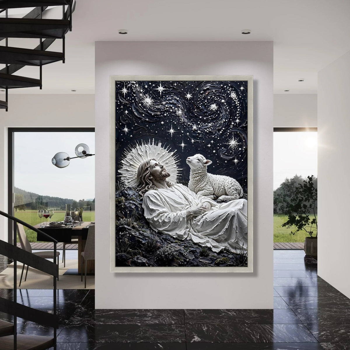 Celestial Night with Jesus and Lamb, Spiritual Canvas Wall Art, Starry Sky Religious Decor, Divine Serenity Painting, Ready to Print Art