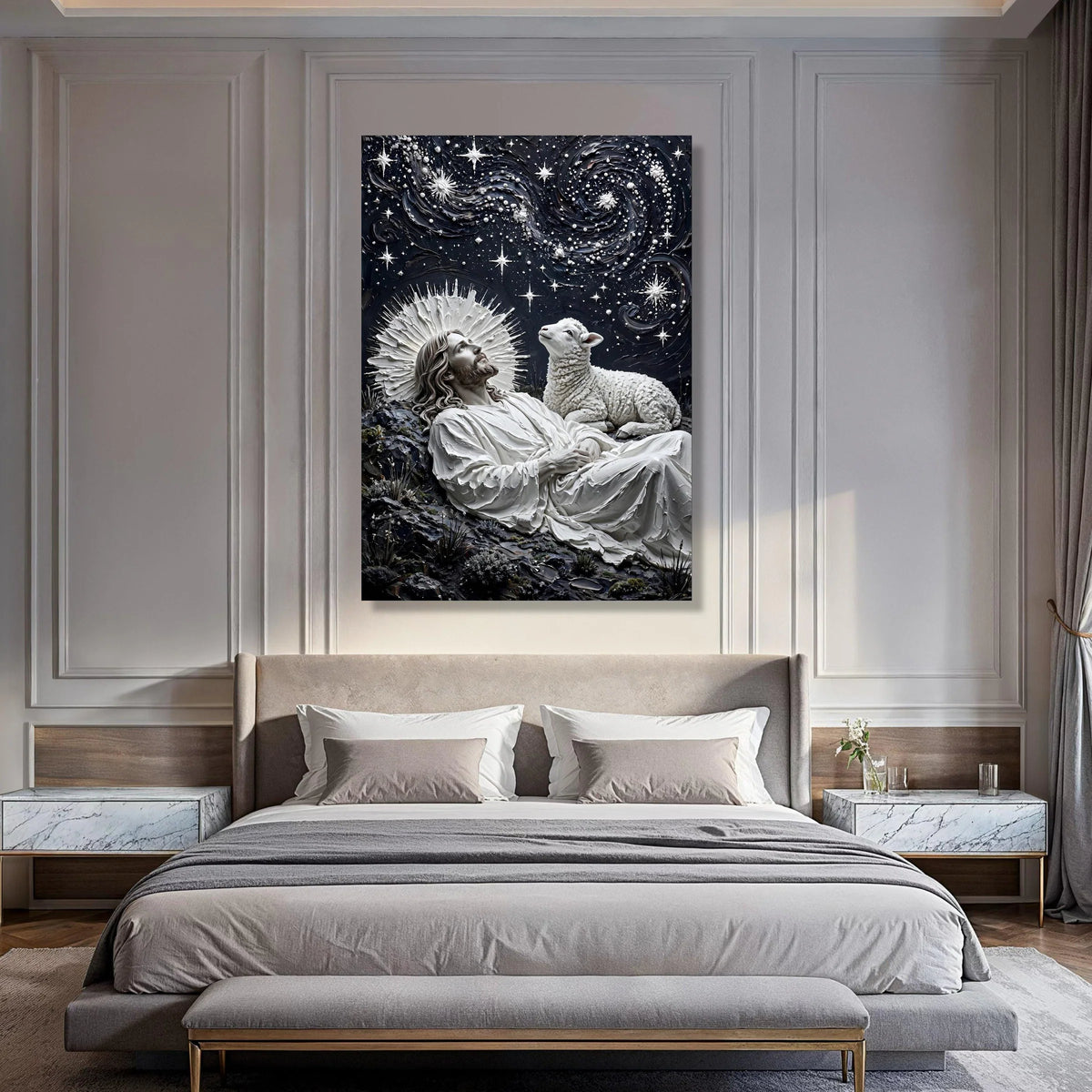 Celestial Night with Jesus and Lamb, Spiritual Canvas Wall Art, Starry Sky Religious Decor, Divine Serenity Painting, Ready to Print Art