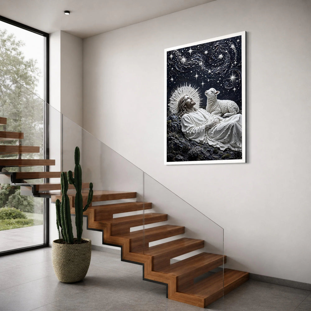 Celestial Night with Jesus and Lamb, Spiritual Canvas Wall Art, Starry Sky Religious Decor, Divine Serenity Painting, Ready to Print Art