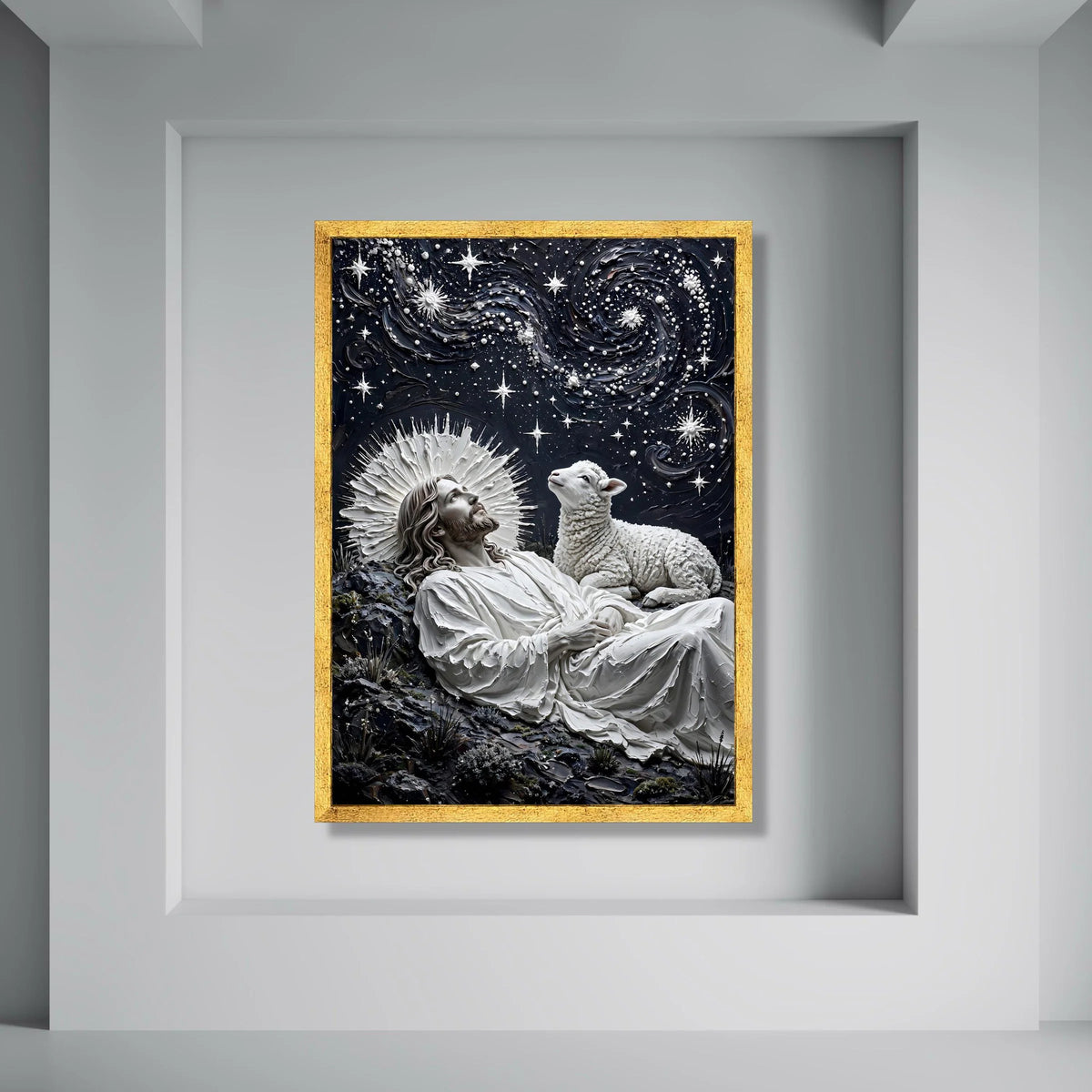 Celestial Night with Jesus and Lamb, Spiritual Canvas Wall Art, Starry Sky Religious Decor, Divine Serenity Painting, Ready to Print Art