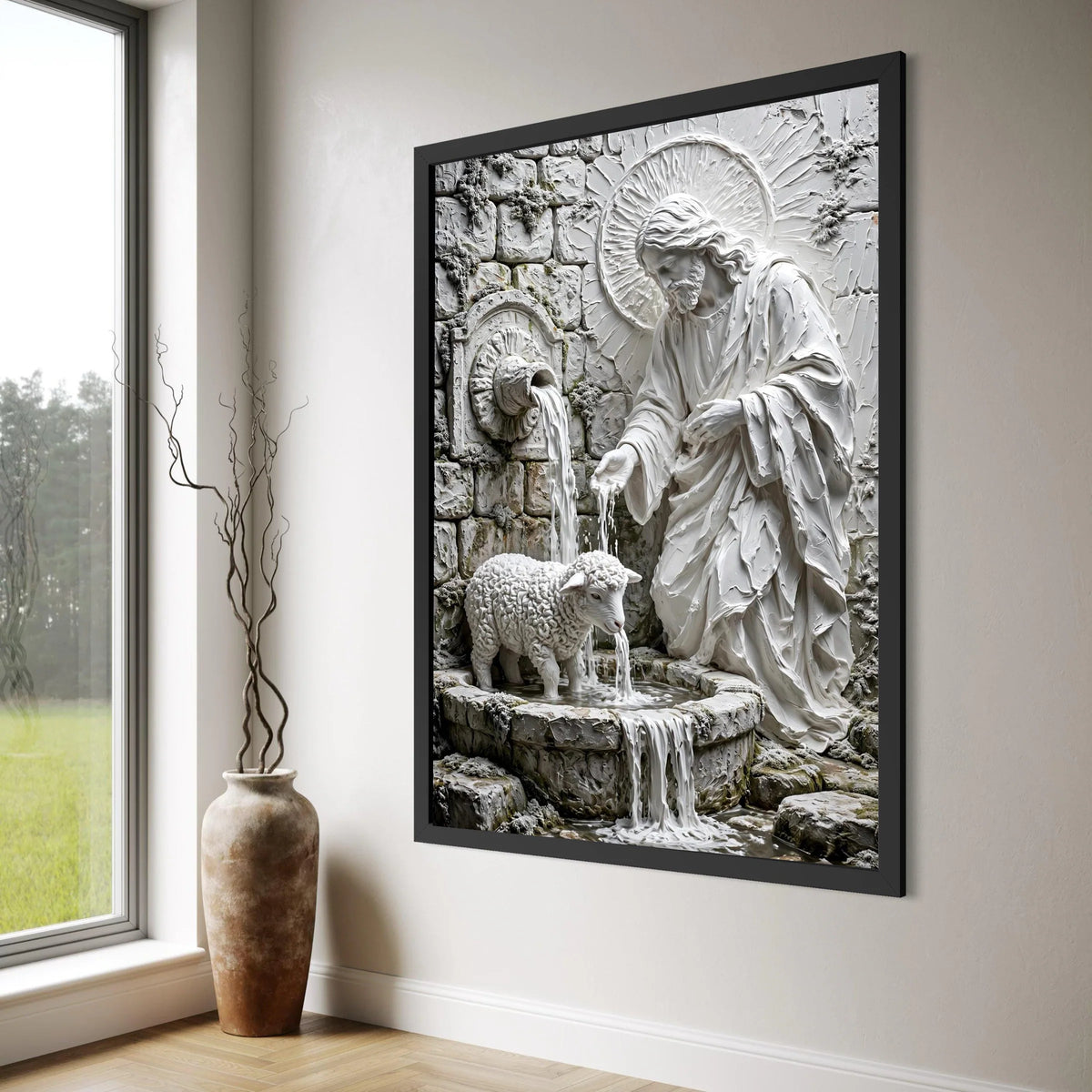 Sacred Shepherd and Lamb Fountain Canvas, Religious Wall Art, Christian Spiritual Decor, Jesus With Sheep Canvas, Home Sanctuary Print Art