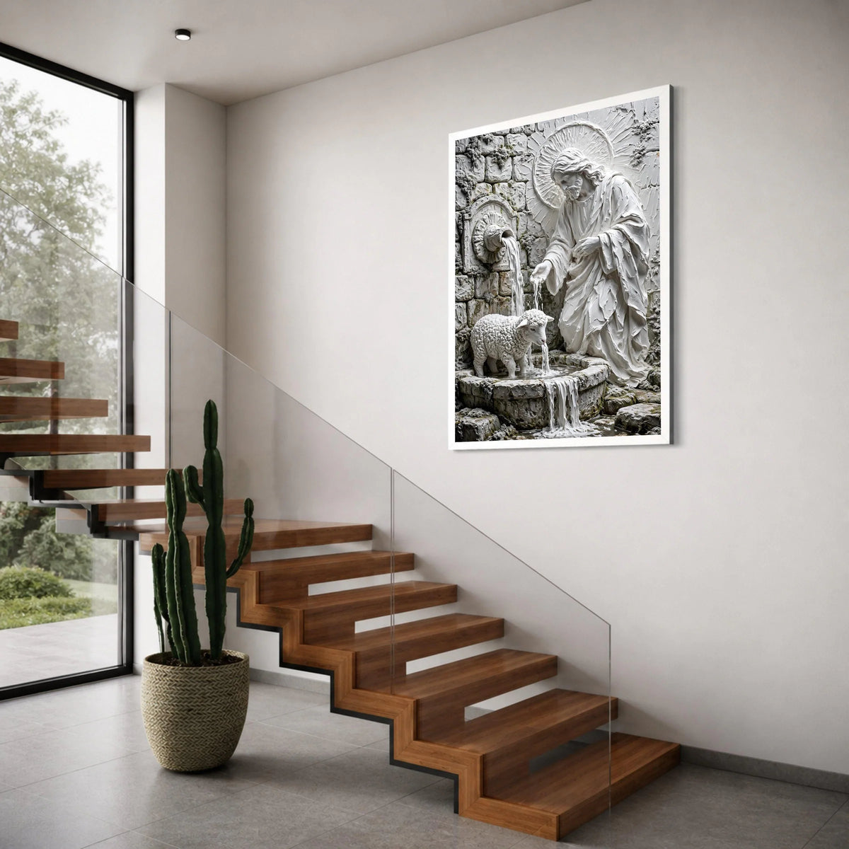 Sacred Shepherd and Lamb Fountain Canvas, Religious Wall Art, Christian Spiritual Decor, Jesus With Sheep Canvas, Home Sanctuary Print Art