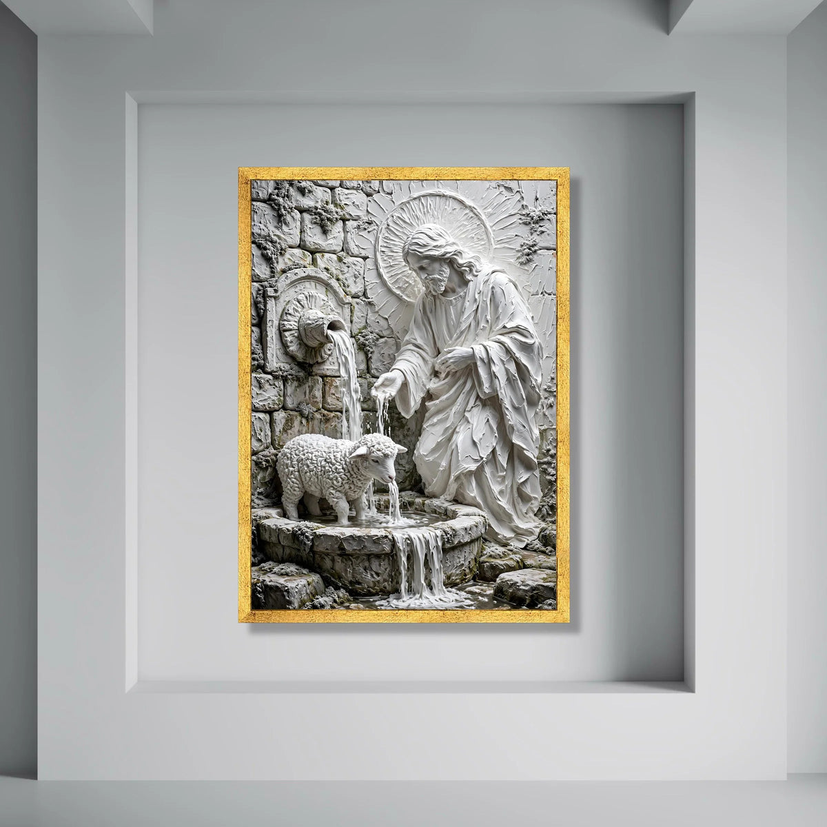 Sacred Shepherd and Lamb Fountain Canvas, Religious Wall Art, Christian Spiritual Decor, Jesus With Sheep Canvas, Home Sanctuary Print Art