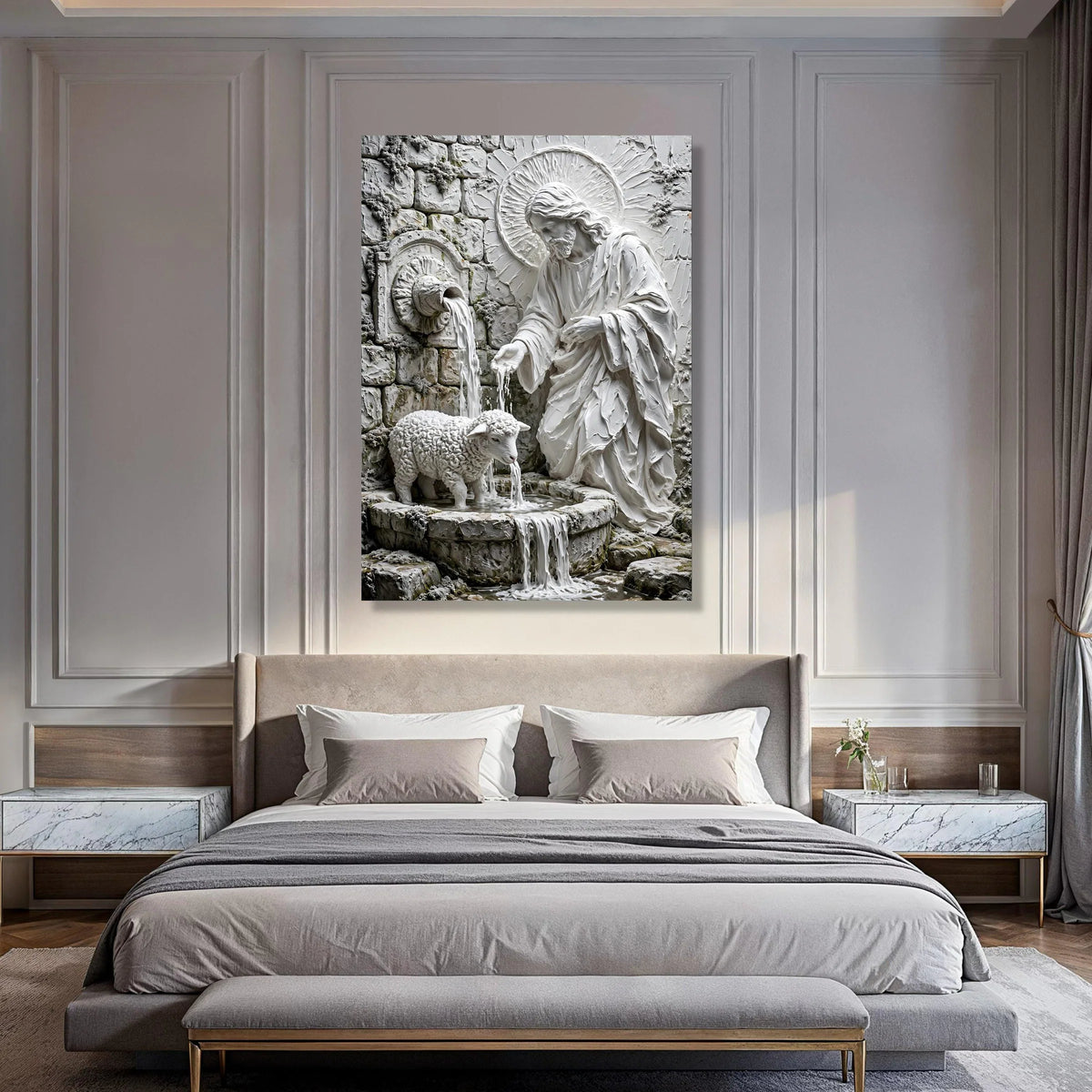 Sacred Shepherd and Lamb Fountain Canvas, Religious Wall Art, Christian Spiritual Decor, Jesus With Sheep Canvas, Home Sanctuary Print Art