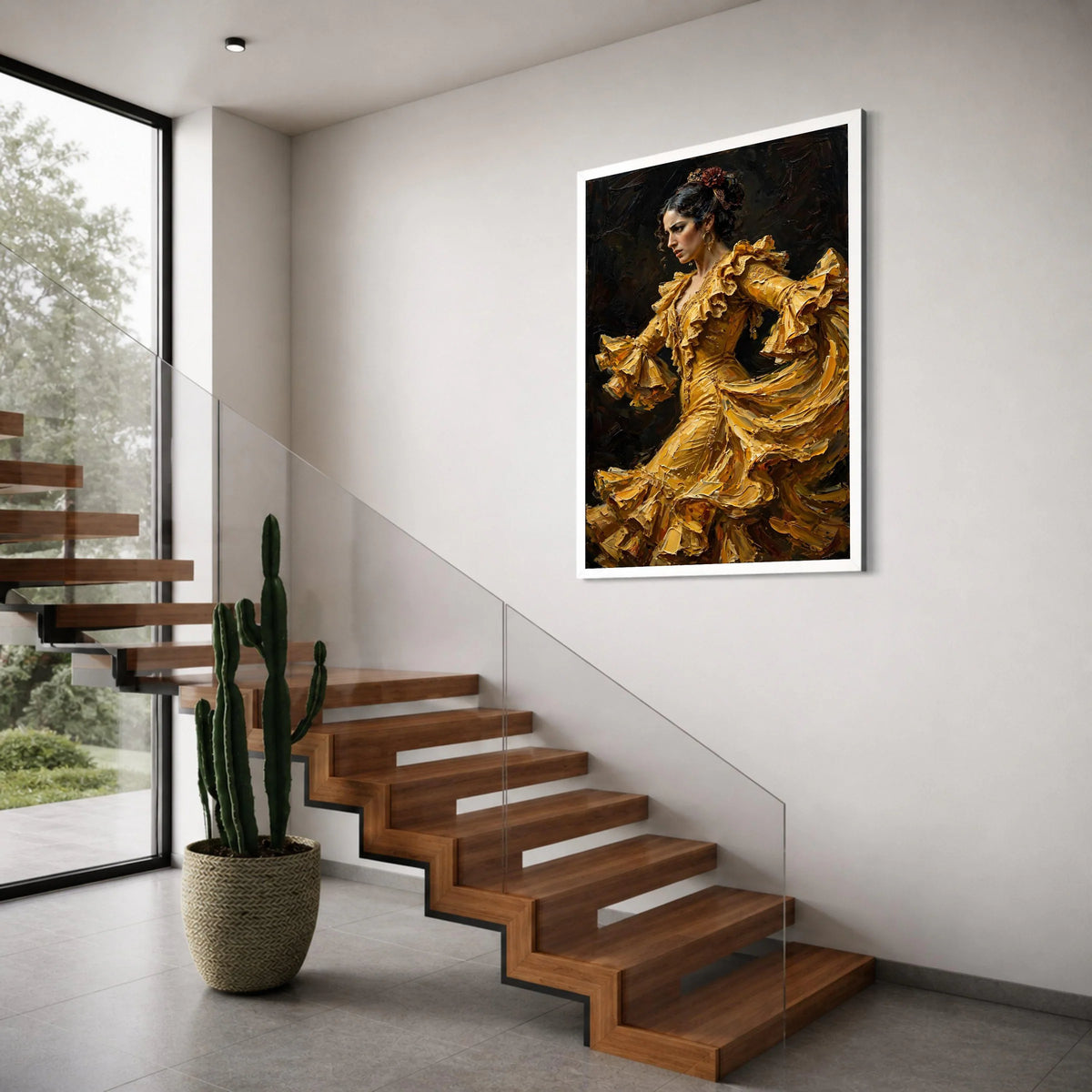 Flamenco Dancer Yellow Ruffled Dress Canvas, Spanish Dance Wall Art, Dramatic Portrait Canvas, Elegant Female Figure Decoration Print Art
