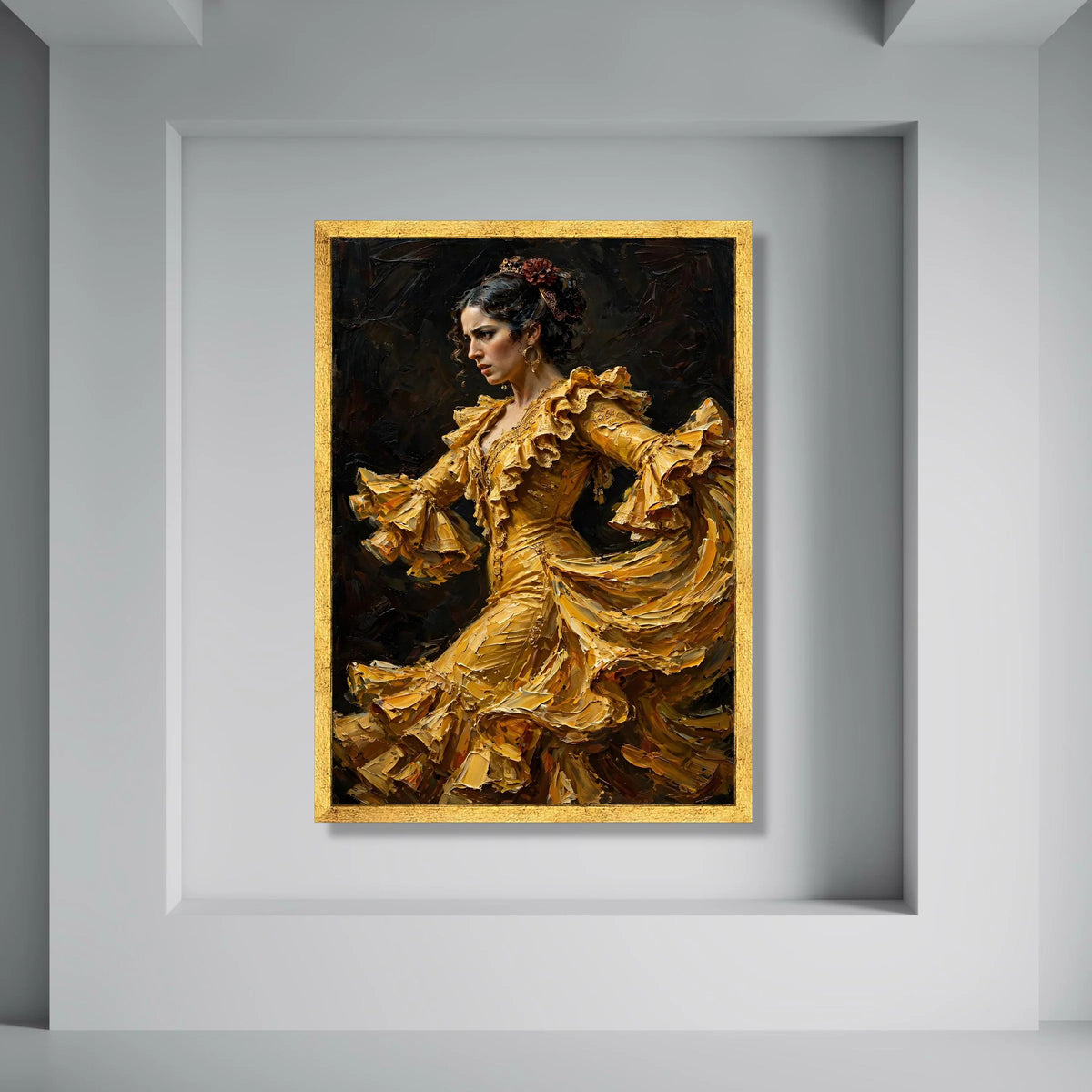 Flamenco Dancer Yellow Ruffled Dress Canvas, Spanish Dance Wall Art, Dramatic Portrait Canvas, Elegant Female Figure Decoration Print Art