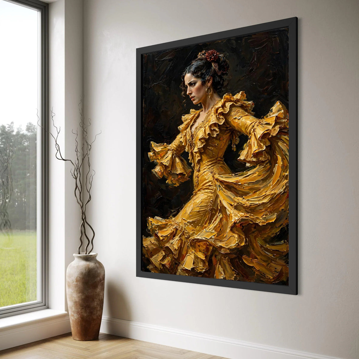 Flamenco Dancer Yellow Ruffled Dress Canvas, Spanish Dance Wall Art, Dramatic Portrait Canvas, Elegant Female Figure Decoration Print Art