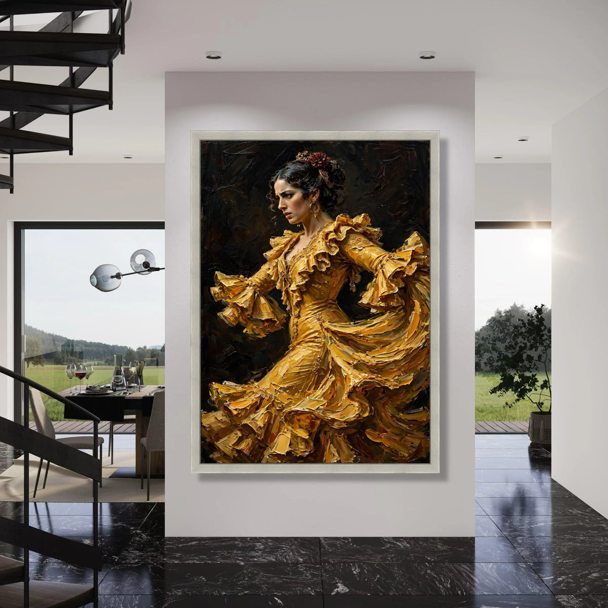 Flamenco Dancer Yellow Ruffled Dress Canvas, Spanish Dance Wall Art, Dramatic Portrait Canvas, Elegant Female Figure Decoration Print Art