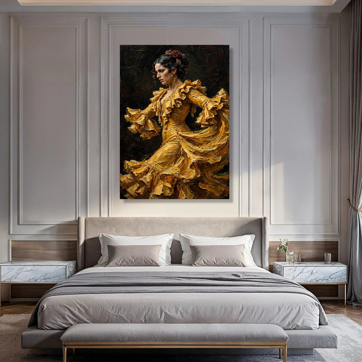 Flamenco Dancer Yellow Ruffled Dress Canvas, Spanish Dance Wall Art, Dramatic Portrait Canvas, Elegant Female Figure Decoration Print Art