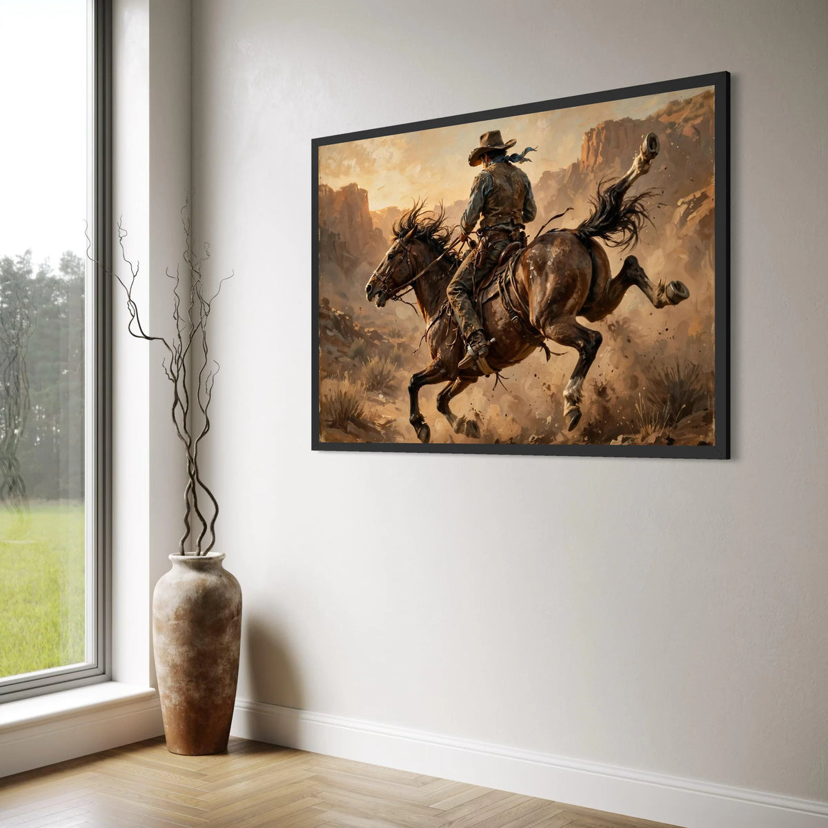 Western Cowboy Riding Horse Canvas Art, Wild West Scene, Rustic Ranch Wall Decoration, Equestrian Canvas Print, Adventure Print Art