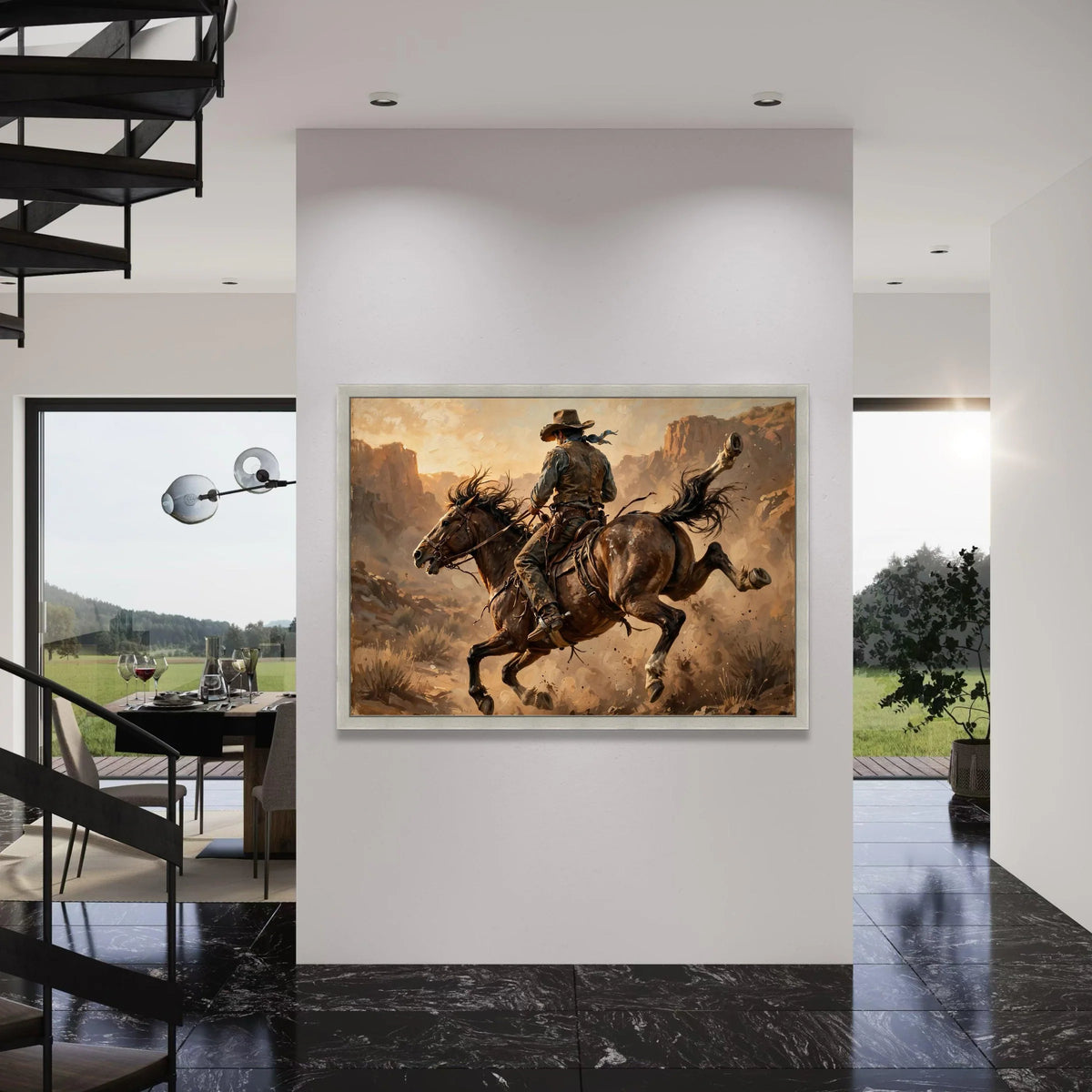 Western Cowboy Riding Horse Canvas Art, Wild West Scene, Rustic Ranch Wall Decoration, Equestrian Canvas Print, Adventure Print Art