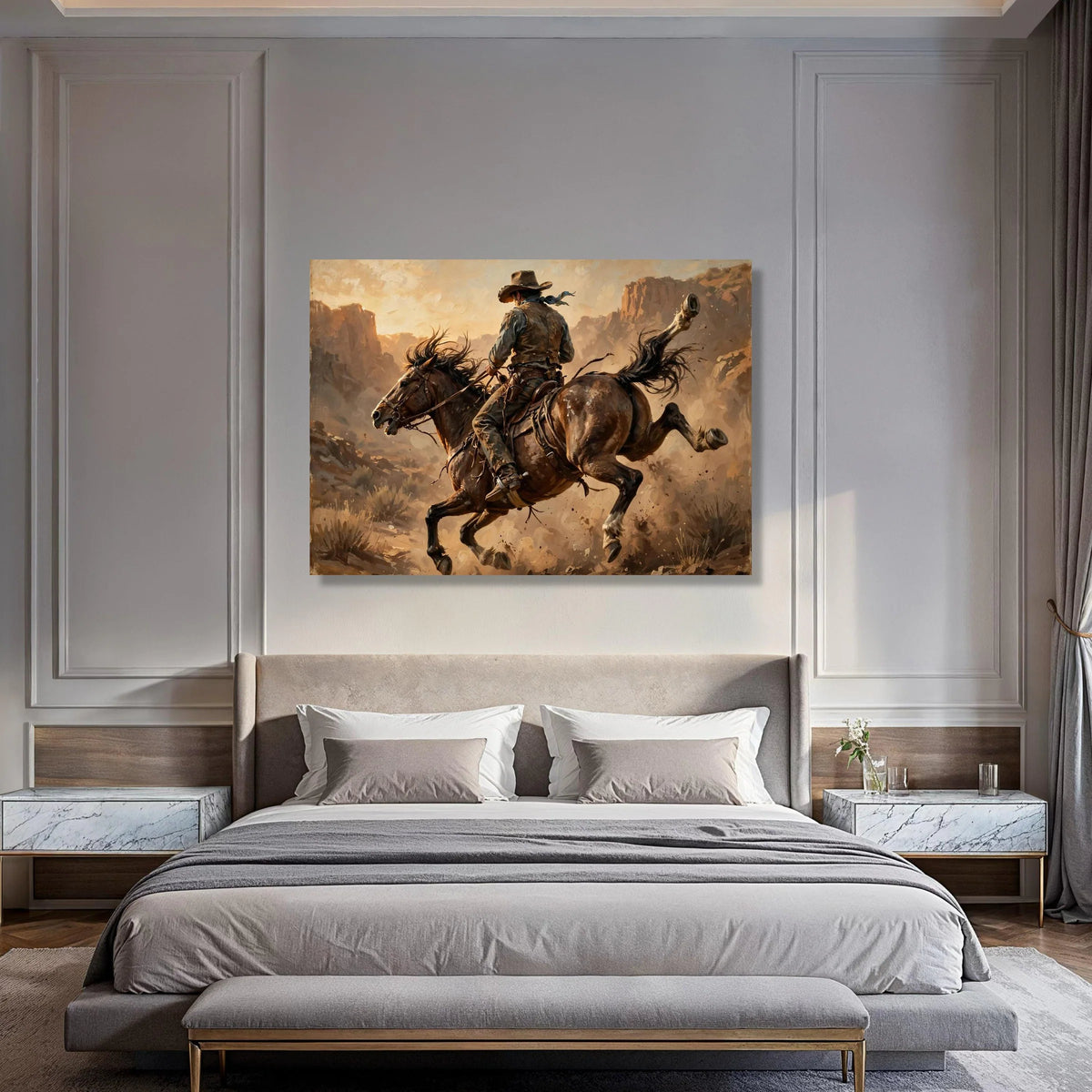 Western Cowboy Riding Horse Canvas Art, Wild West Scene, Rustic Ranch Wall Decoration, Equestrian Canvas Print, Adventure Print Art