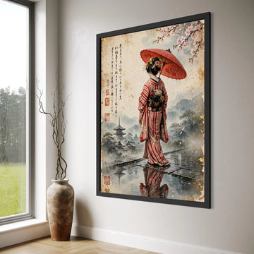 Elegant Geisha with Red Umbrella, Cherry Blossom Japanese Wall Art, Traditional Kimono Canvas, Asian Rainy Day Scene, Home Decor Print Art
