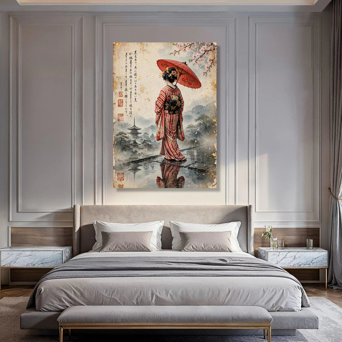 Elegant Geisha with Red Umbrella, Cherry Blossom Japanese Wall Art, Traditional Kimono Canvas, Asian Rainy Day Scene, Home Decor Print Art