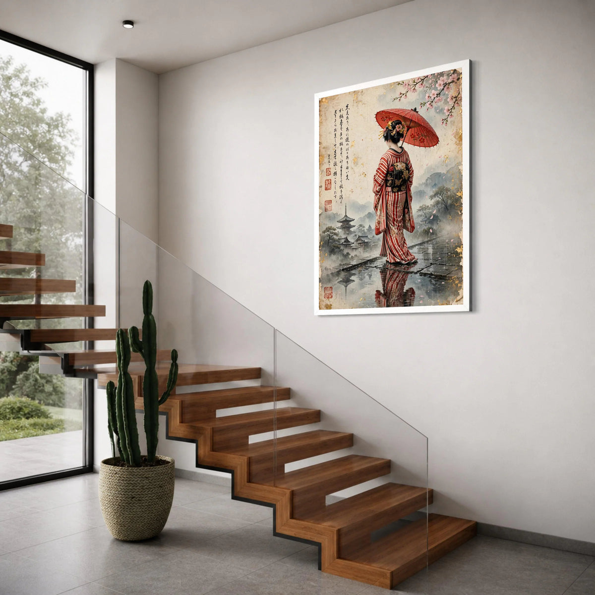 Elegant Geisha with Red Umbrella, Cherry Blossom Japanese Wall Art, Traditional Kimono Canvas, Asian Rainy Day Scene, Home Decor Print Art