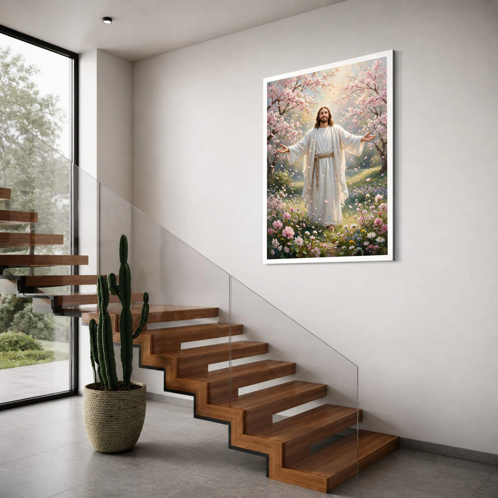 Peaceful Spring Savior Canvas Wall Art, Blossoming Garden Scene, Spiritual Home Decoration, Inspirational Religious Canvas, Floral Print Art