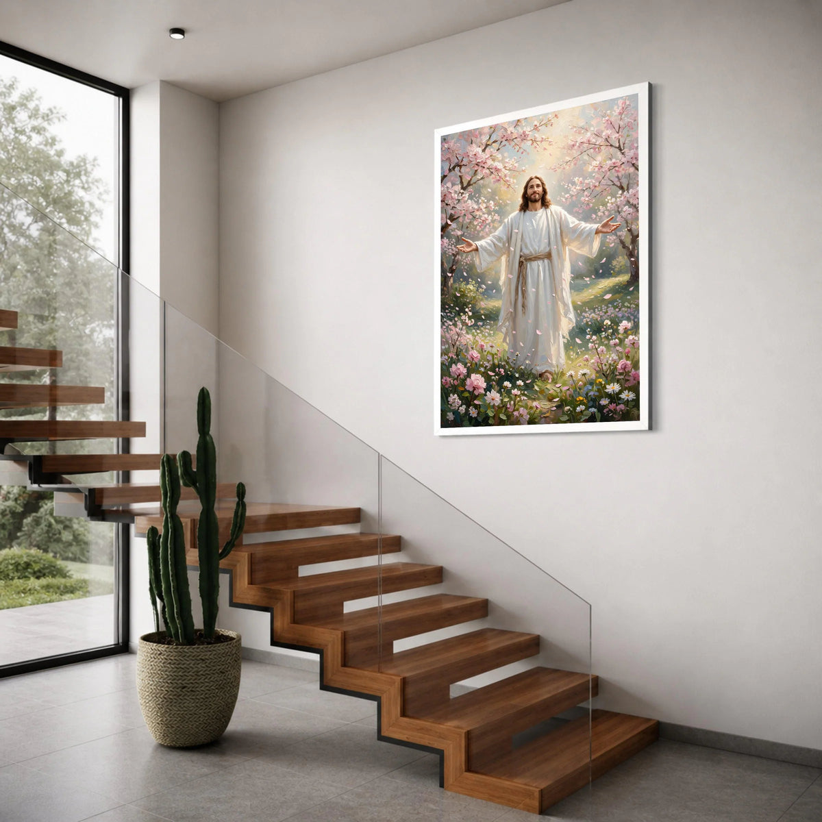 Peaceful Spring Savior Canvas Wall Art, Blossoming Garden Scene, Spiritual Home Decoration, Inspirational Religious Canvas, Floral Print Art