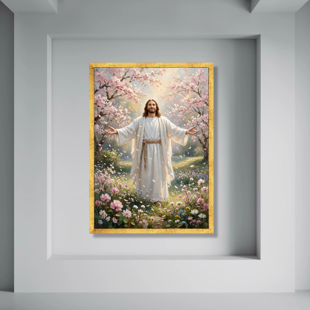 Peaceful Spring Savior Canvas Wall Art, Blossoming Garden Scene, Spiritual Home Decoration, Inspirational Religious Canvas, Floral Print Art