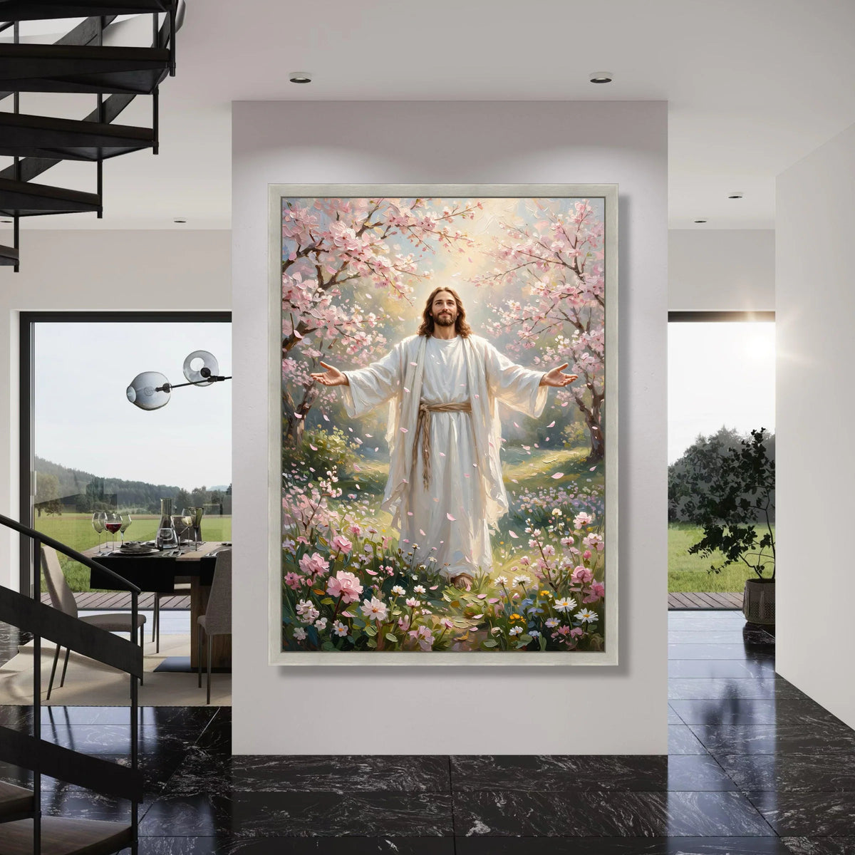Peaceful Spring Savior Canvas Wall Art, Blossoming Garden Scene, Spiritual Home Decoration, Inspirational Religious Canvas, Floral Print Art