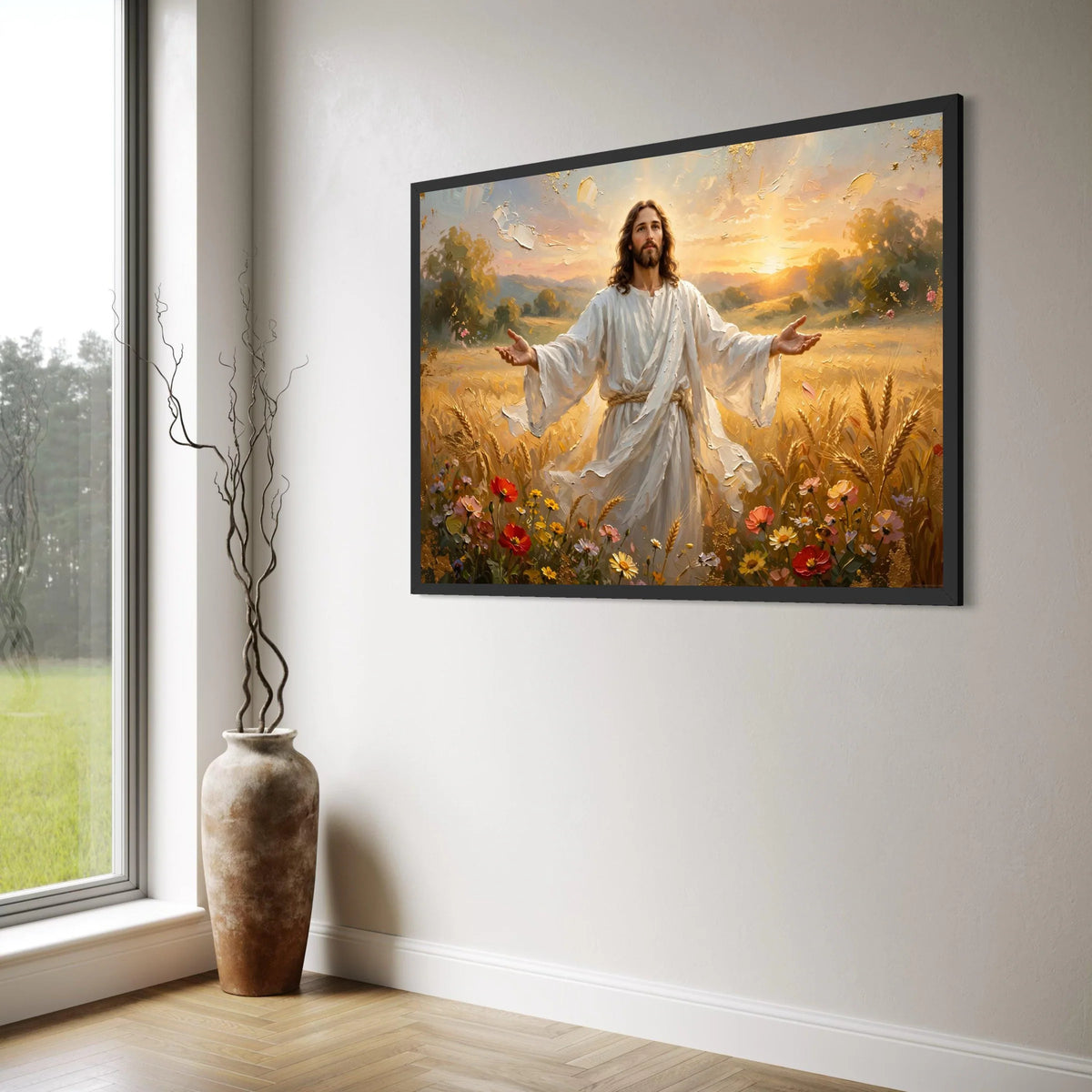 Peaceful Jesus Wheat Field Canvas, Spiritual Wall Art, Sunrise Landscape Canvas, Faith and Nature Decoration, Inspirational Home Print Art