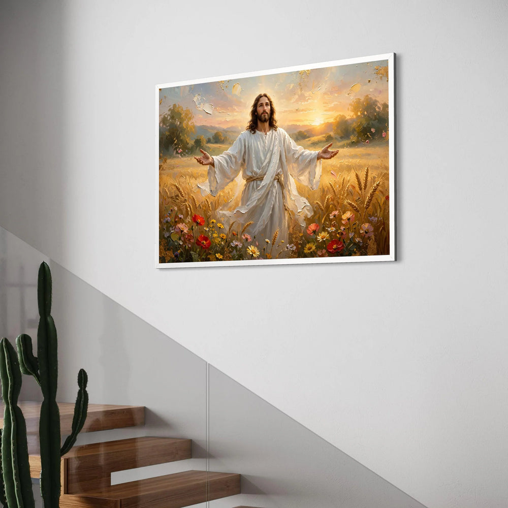 Peaceful Jesus Wheat Field Canvas, Spiritual Wall Art, Sunrise Landscape Canvas, Faith and Nature Decoration, Inspirational Home Print Art
