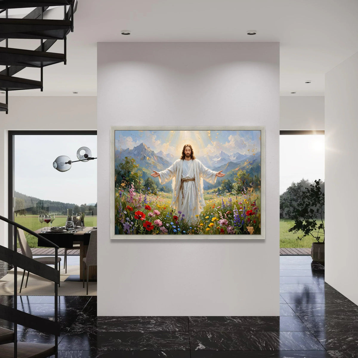 Radiant Jesus Blooming Meadow Canvas, Spiritual Wall Art, Mountain Landscape Decoration, Christian Inspirational Canvas, Ready to Print Art