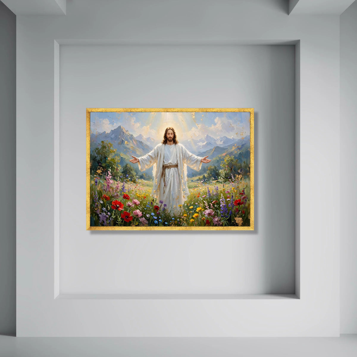 Radiant Jesus Blooming Meadow Canvas, Spiritual Wall Art, Mountain Landscape Decoration, Christian Inspirational Canvas, Ready to Print Art