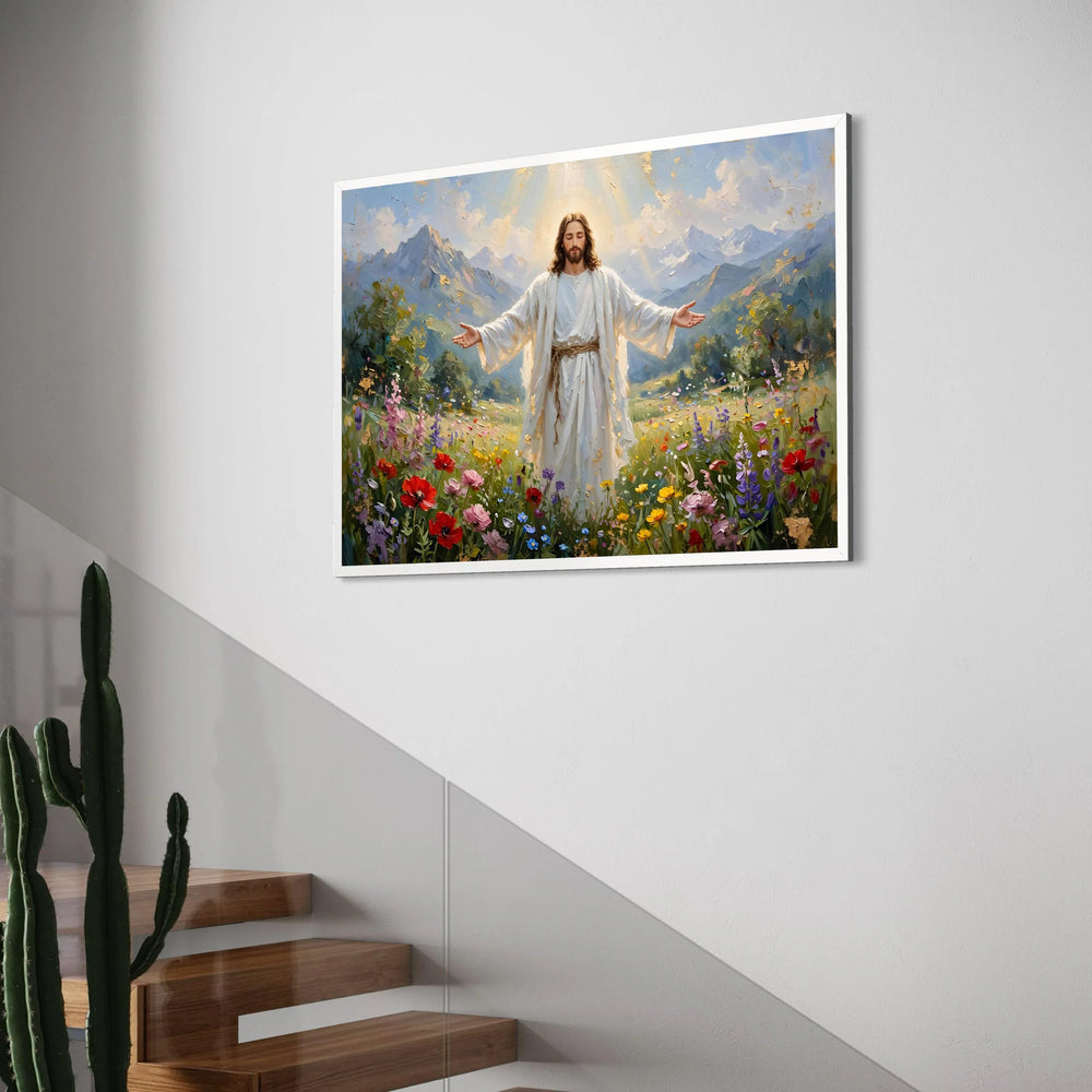 Radiant Jesus Blooming Meadow Canvas, Spiritual Wall Art, Mountain Landscape Decoration, Christian Inspirational Canvas, Ready to Print Art