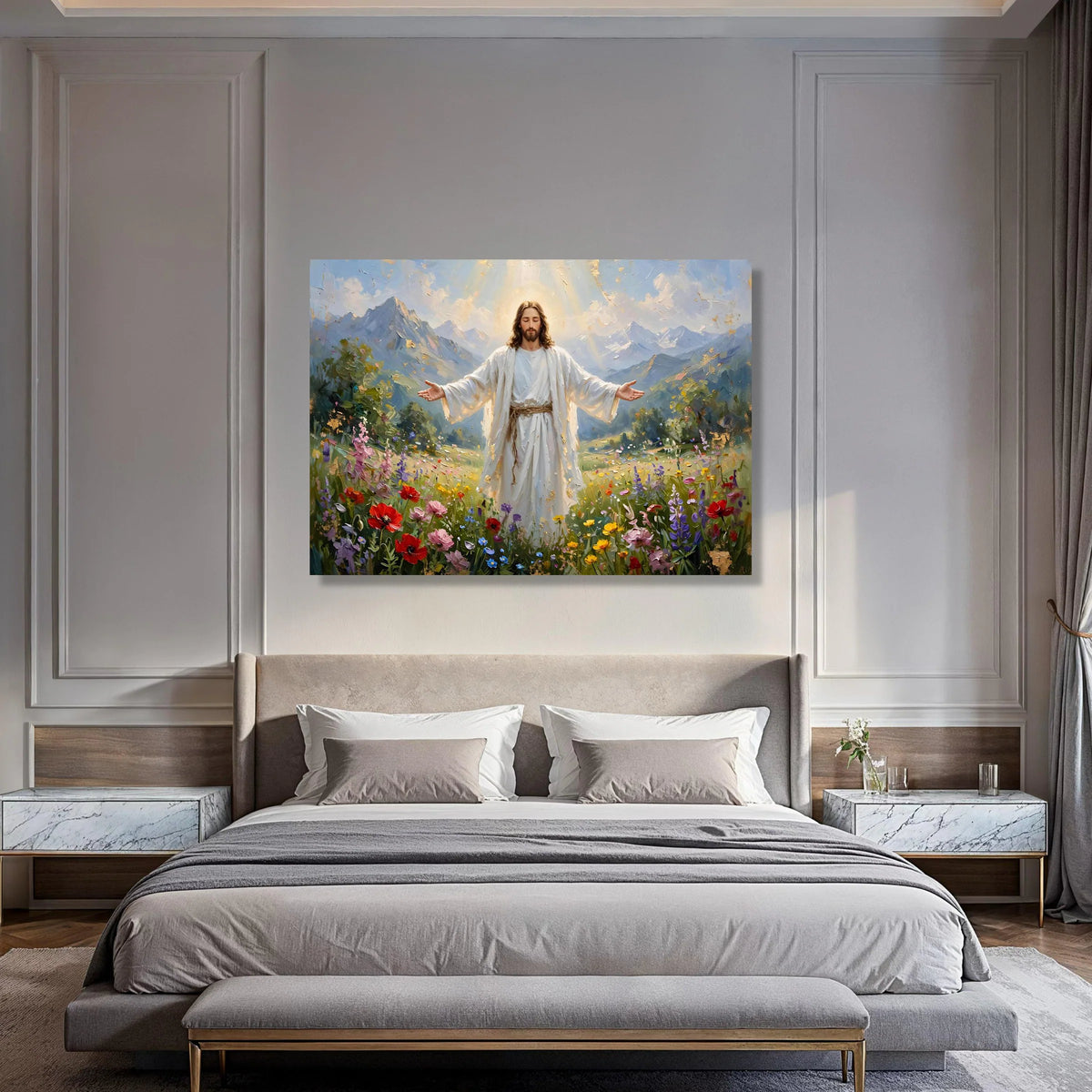 Radiant Jesus Blooming Meadow Canvas, Spiritual Wall Art, Mountain Landscape Decoration, Christian Inspirational Canvas, Ready to Print Art