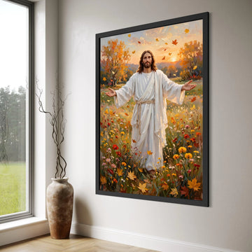 Christ Autumn Meadow Canvas, Spiritual Wall Art, Inspirational Figure Painting, Autumn Leaves Nature Canvas, Peaceful Sunset Print Art