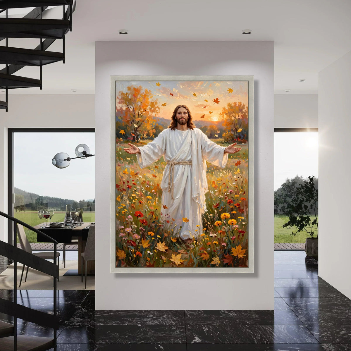Christ Autumn Meadow Canvas, Spiritual Wall Art, Inspirational Figure Painting, Autumn Leaves Nature Canvas, Peaceful Sunset Print Art