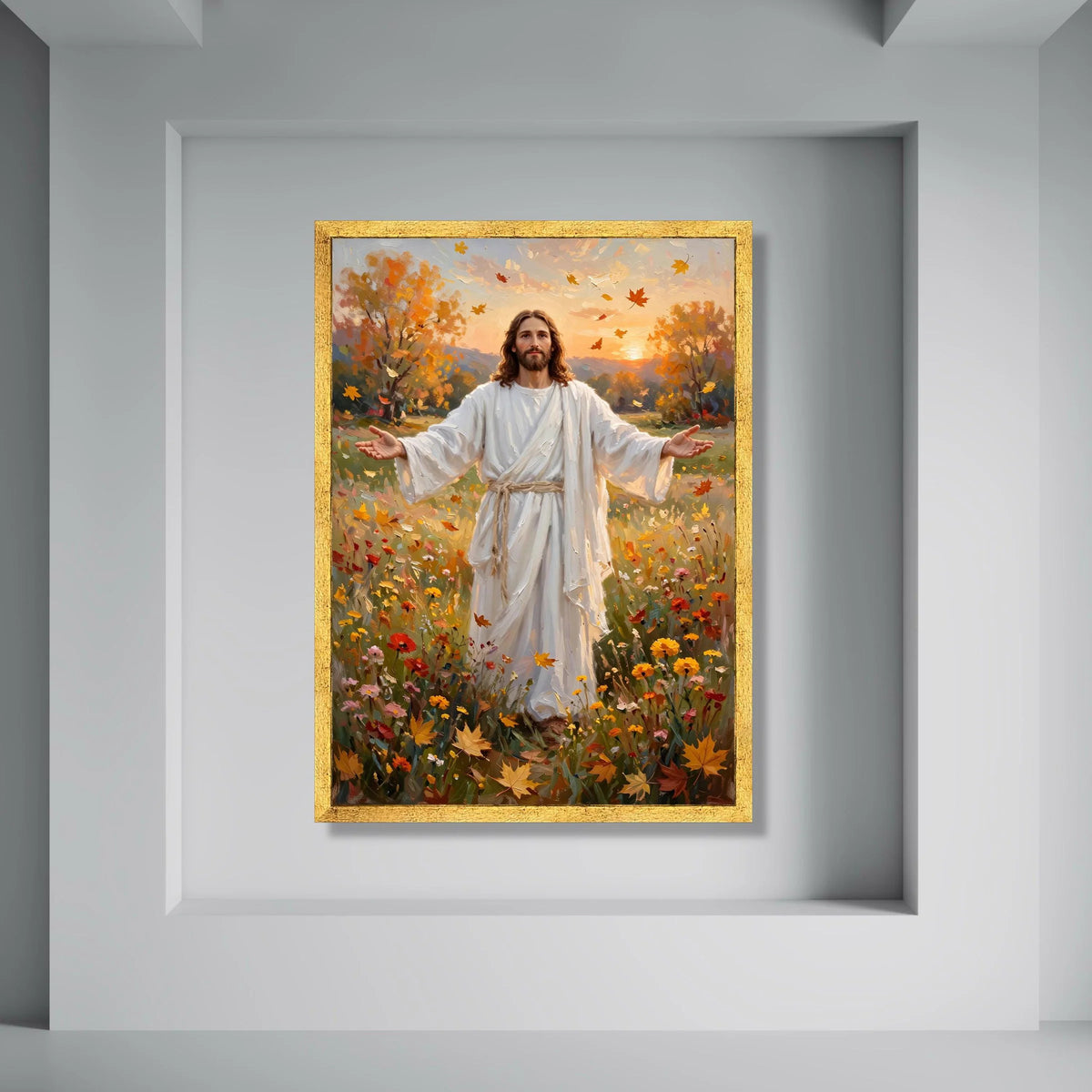 Christ Autumn Meadow Canvas, Spiritual Wall Art, Inspirational Figure Painting, Autumn Leaves Nature Canvas, Peaceful Sunset Print Art