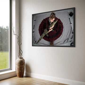 Vintage Style Girl Hugging Alligator Canvas Wall Art, Emotional Animal Portrait, Unique Home Decoration, Victorian Dress Print Art