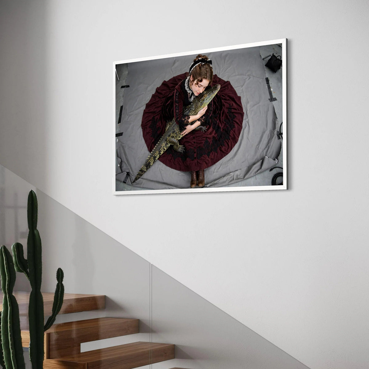 Vintage Style Girl Hugging Alligator Canvas Wall Art, Emotional Animal Portrait, Unique Home Decoration, Victorian Dress Print Art