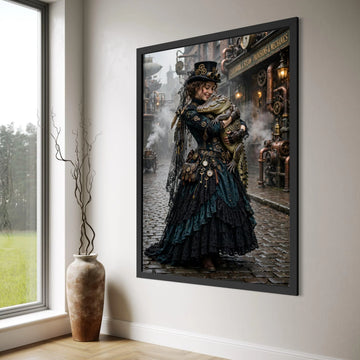 Steampunk Woman with Alligator, Vintage Street Scene Canvas, Fantasy Costume Portrait, Victorian Era Wall Art, Unique Home Decor Print Art
