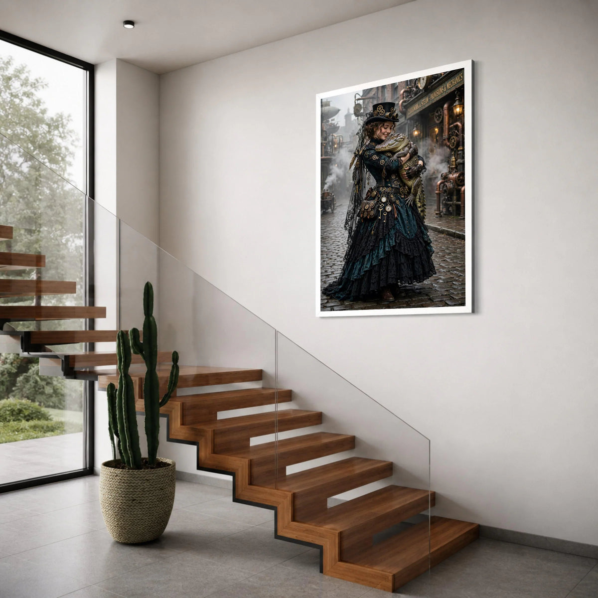 Steampunk Woman with Alligator, Vintage Street Scene Canvas, Fantasy Costume Portrait, Victorian Era Wall Art, Unique Home Decor Print Art