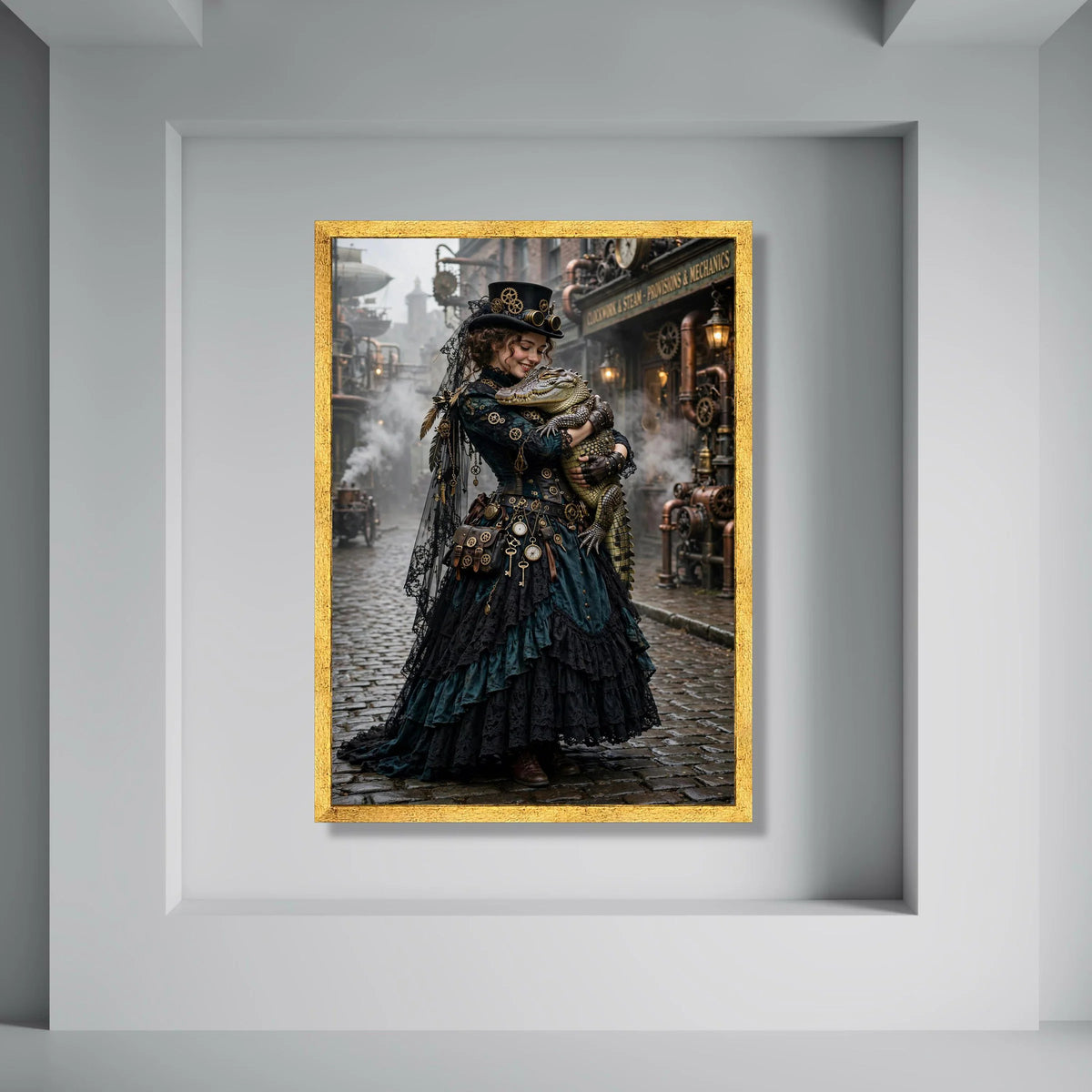 Steampunk Woman with Alligator, Vintage Street Scene Canvas, Fantasy Costume Portrait, Victorian Era Wall Art, Unique Home Decor Print Art