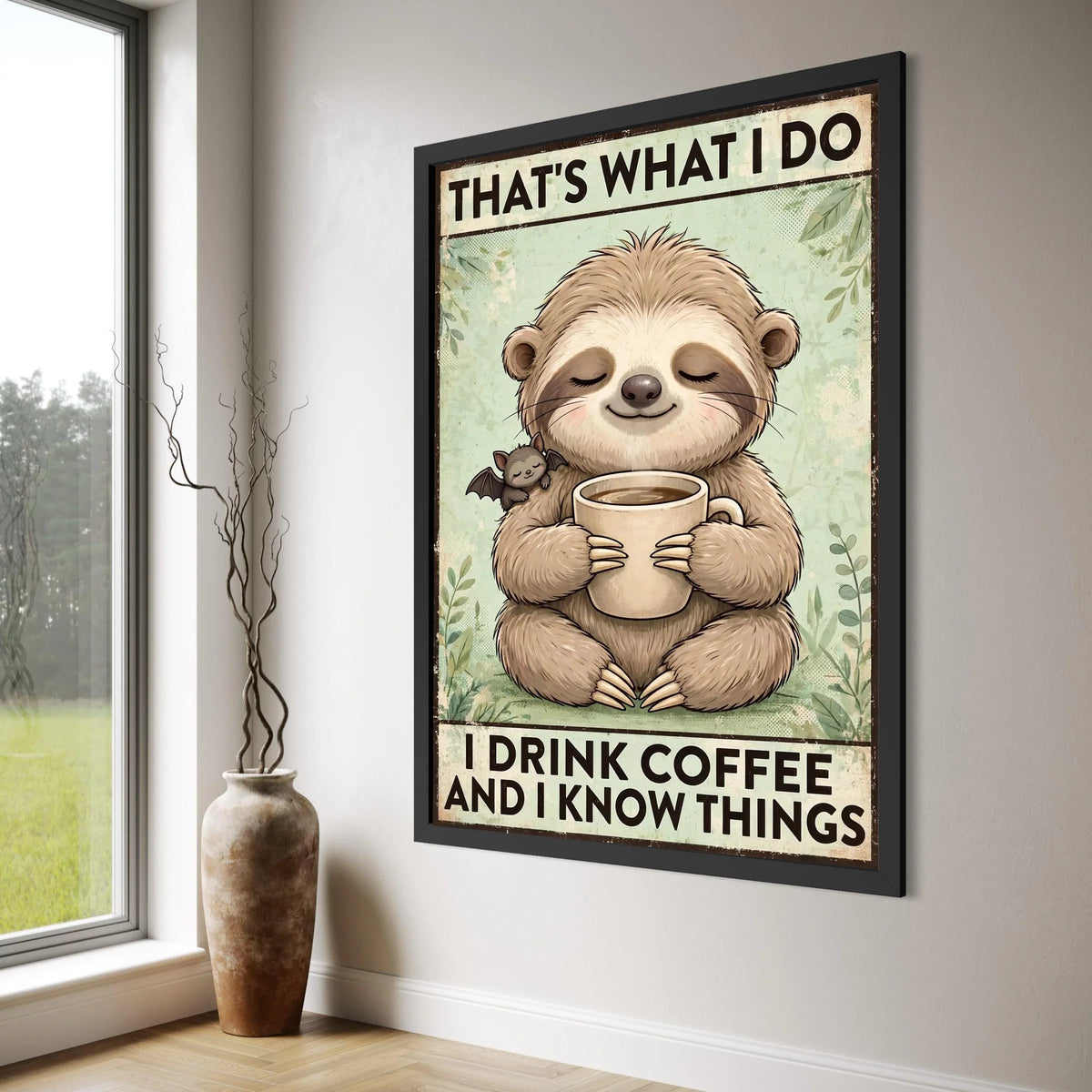 Cute Sloth with Coffee Cup Canvas, Funny Coffee Quote Wall Art, Whimsical Animal Illustration, Relaxing Home Decor Canvas Print Art