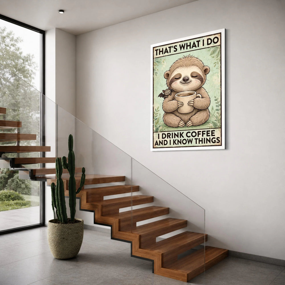 Cute Sloth with Coffee Cup Canvas, Funny Coffee Quote Wall Art, Whimsical Animal Illustration, Relaxing Home Decor Canvas Print Art